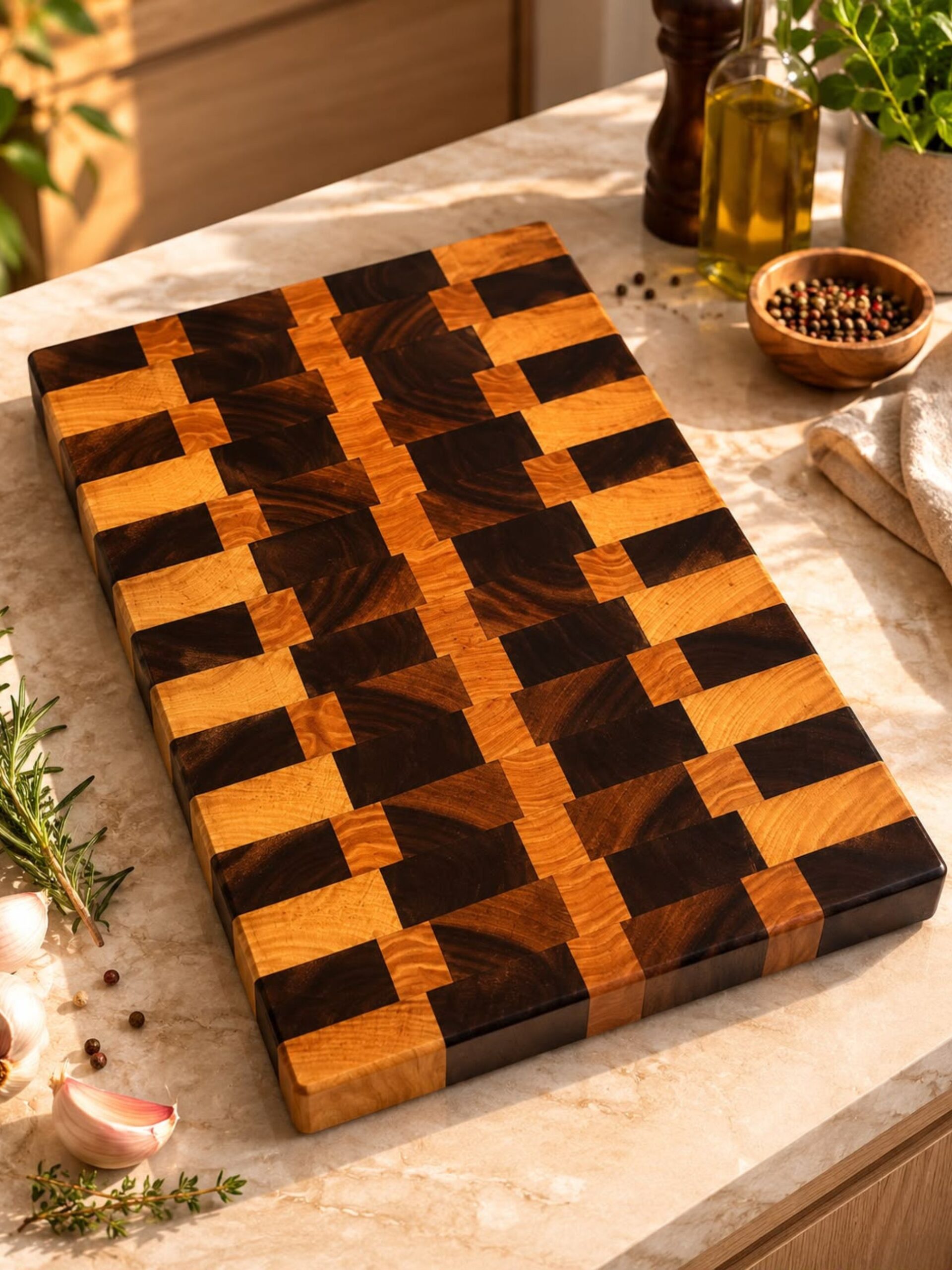 Ash-Walnut natural wood thick cutting board - checkered, natural - Image 3