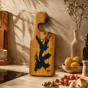 Acacia Long Cutting Board with Epoxy- Blue Lightning