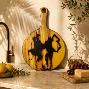 Acacia Round Cutting Board with Epoxy- Black Lightning
