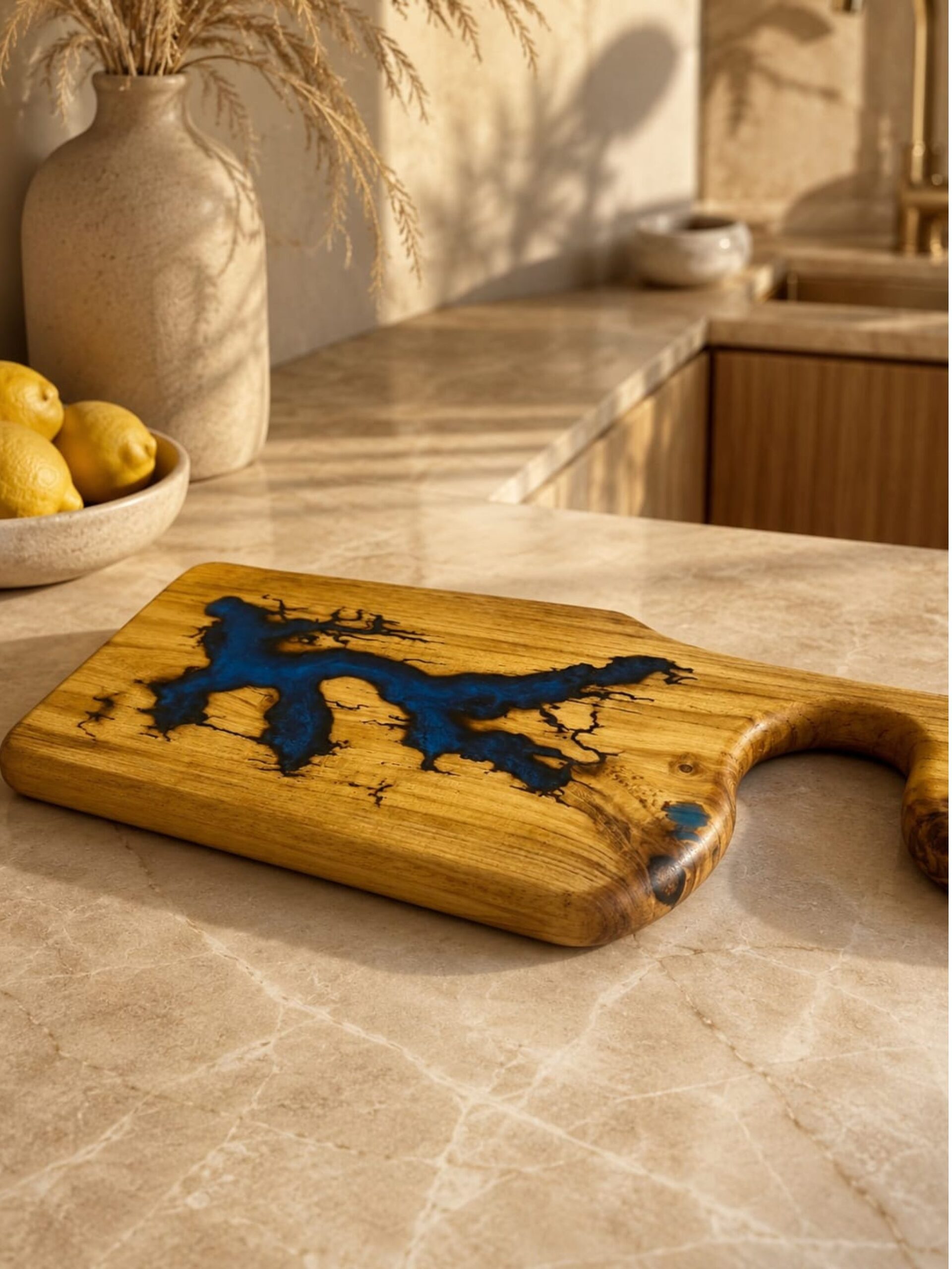 Acacia Long Cutting Board with Epoxy- Blue Lightning - Image 4