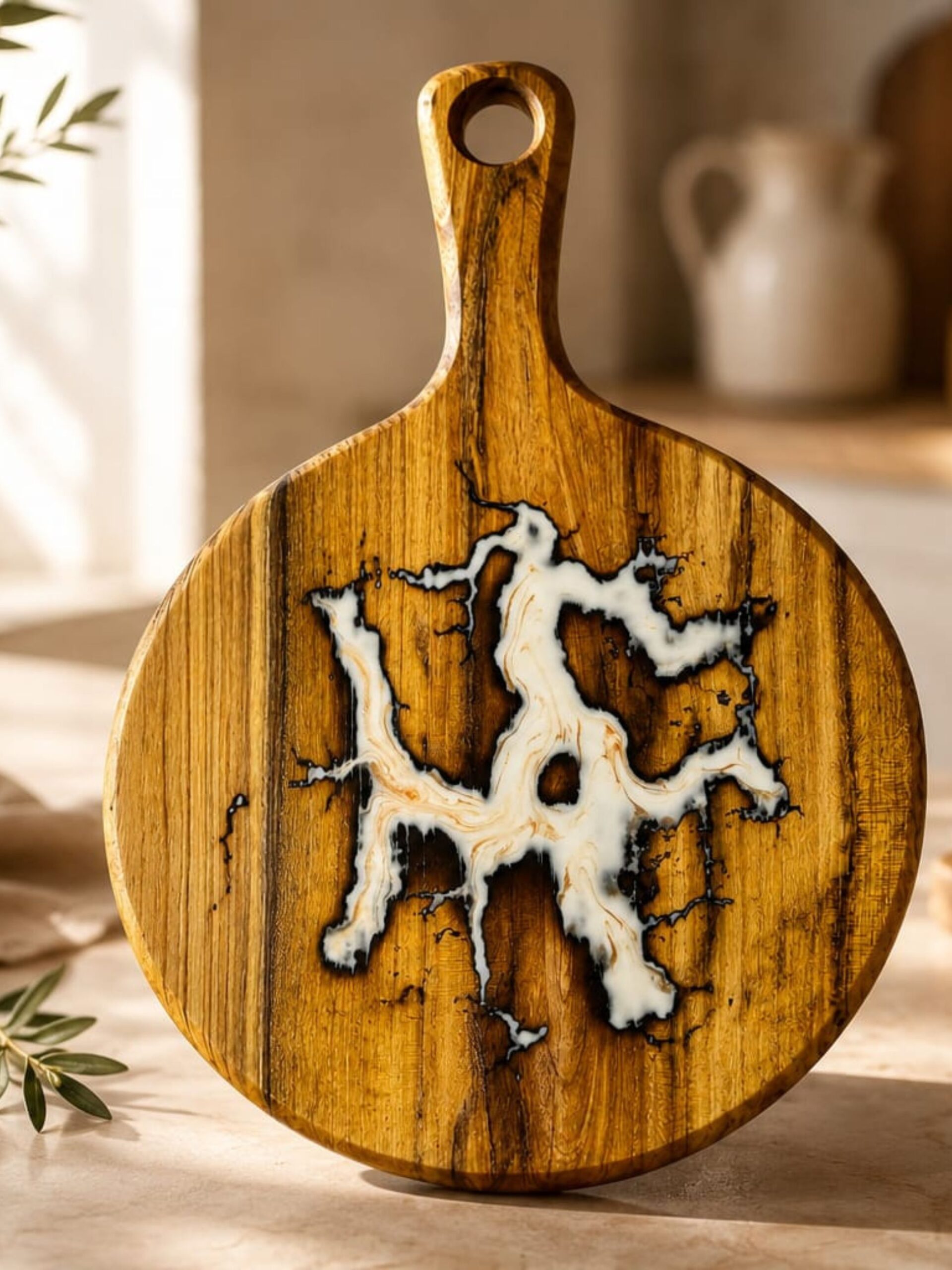 Acacia Round Cutting Board with Epoxy- White Lightning - Image 4