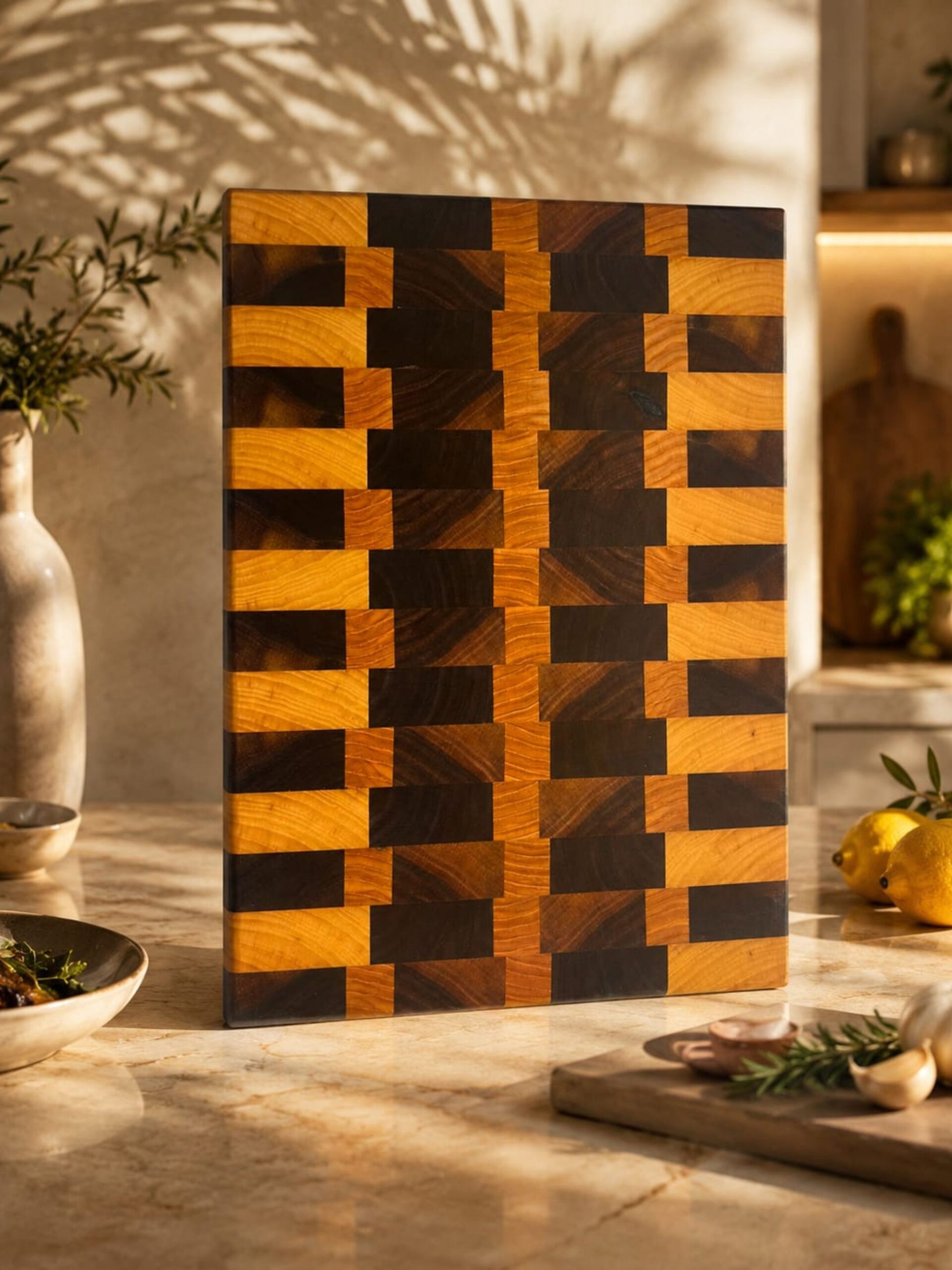 Ash-Walnut natural wood thick cutting board - checkered, natural
