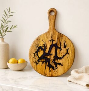 Acacia Round Cutting Board with Epoxy- Purple Lightning