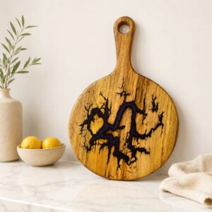 Acacia Round Cutting Board with Epoxy- Purple Lightning