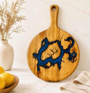 Acacia Round Cutting Board with Epoxy- Blue Lightning