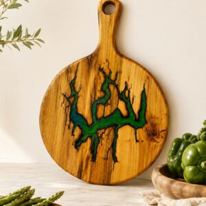 Round Acacia Cutting Board with Epoxy- Green Lightning
