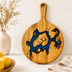 Acacia Round Cutting Board with Epoxy- Blue Lightning